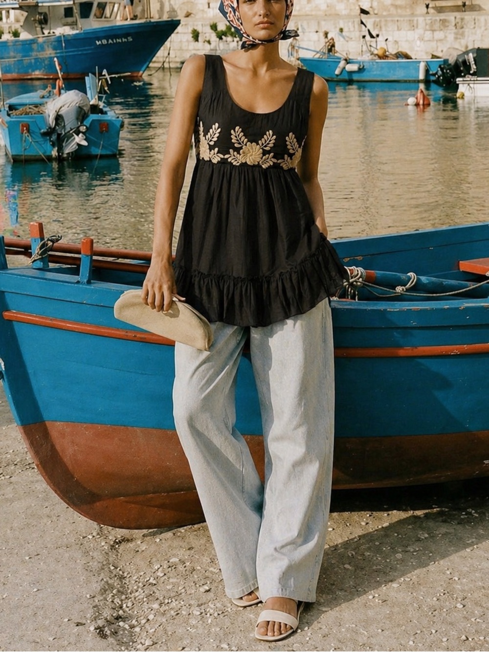 Black Sleeveless Embroidered Babydoll Top (0258)